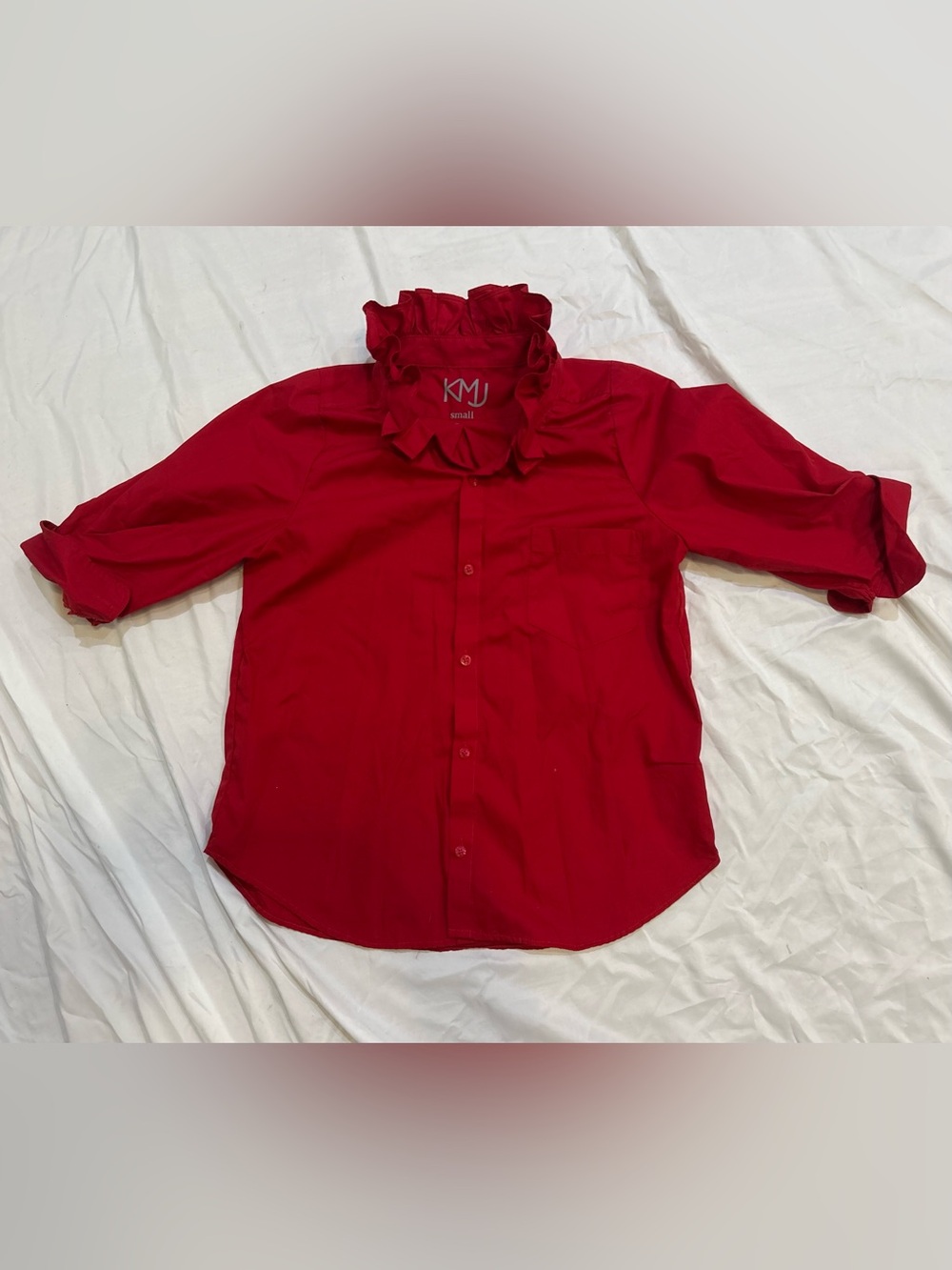 KMJ Red Ruffle Collar Button-Up Blouse EUC